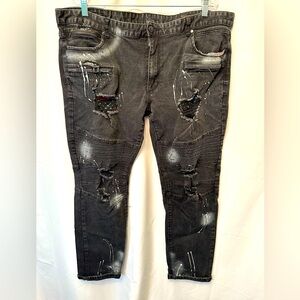 ROCKSTAR ORIGINAL Size 44x32 Ultra Slim Black Distressed Splattered Denim Jeans